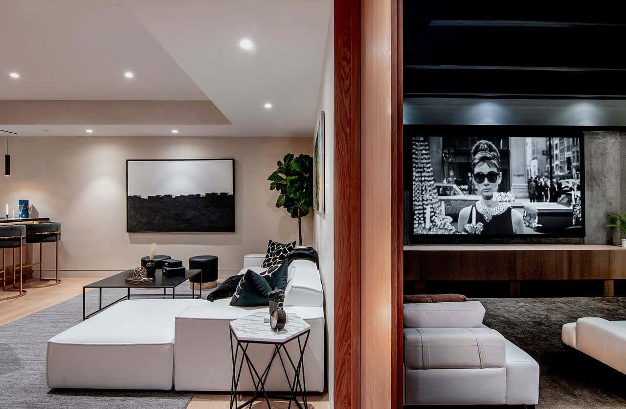 modern lower-level family room and home theater