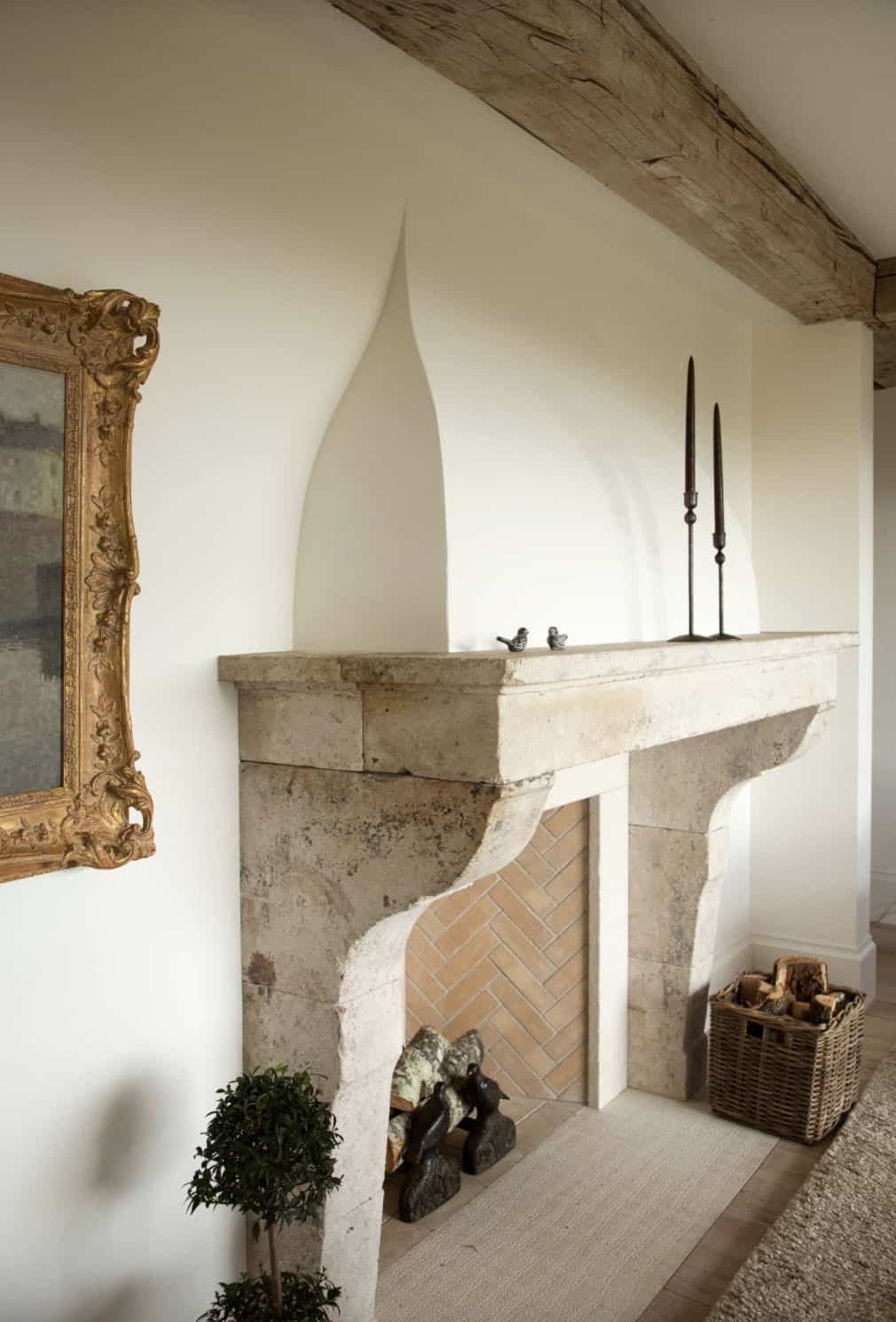 farmhouse style living room with a fireplace