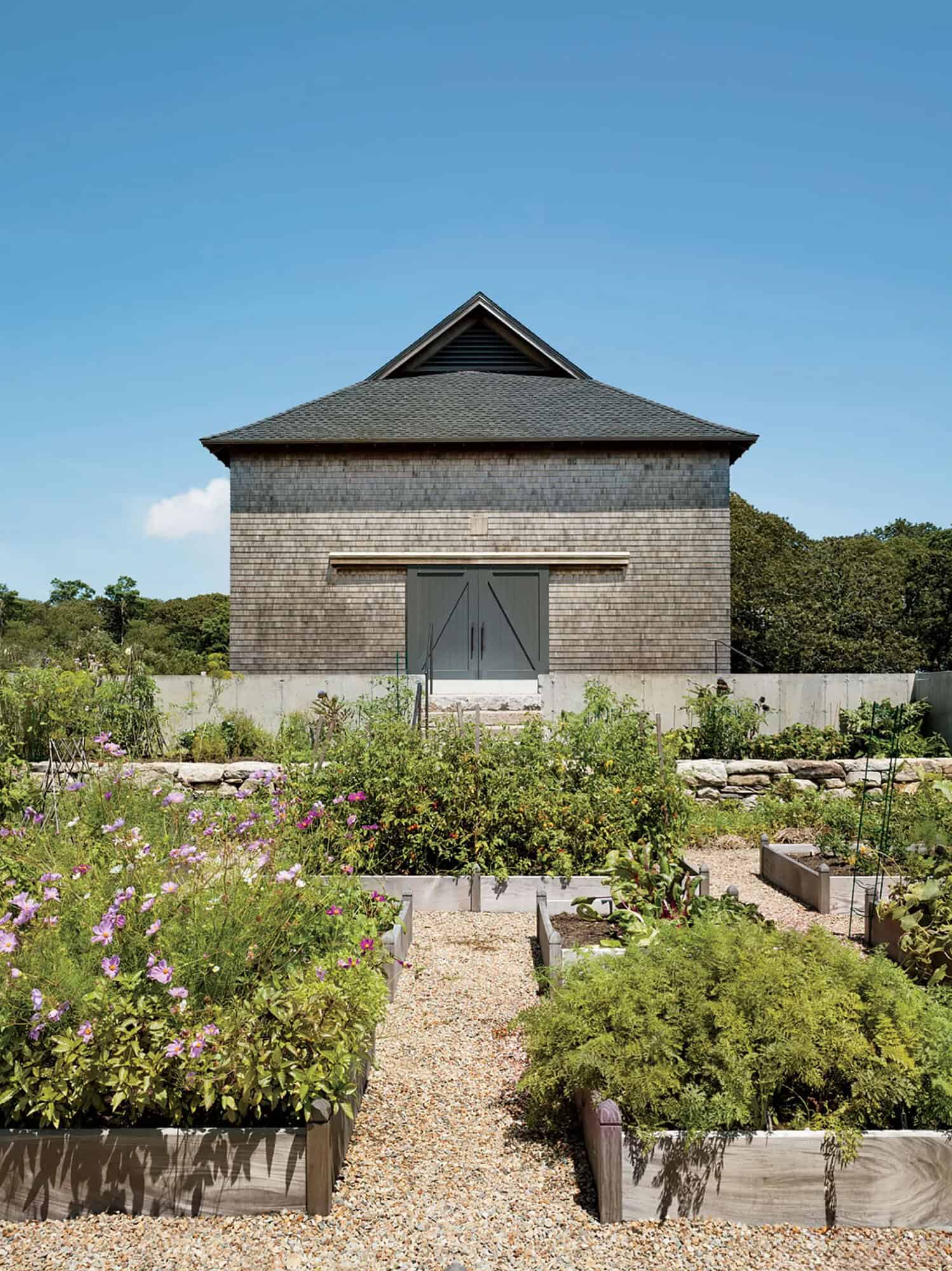 barn with raised planting beds