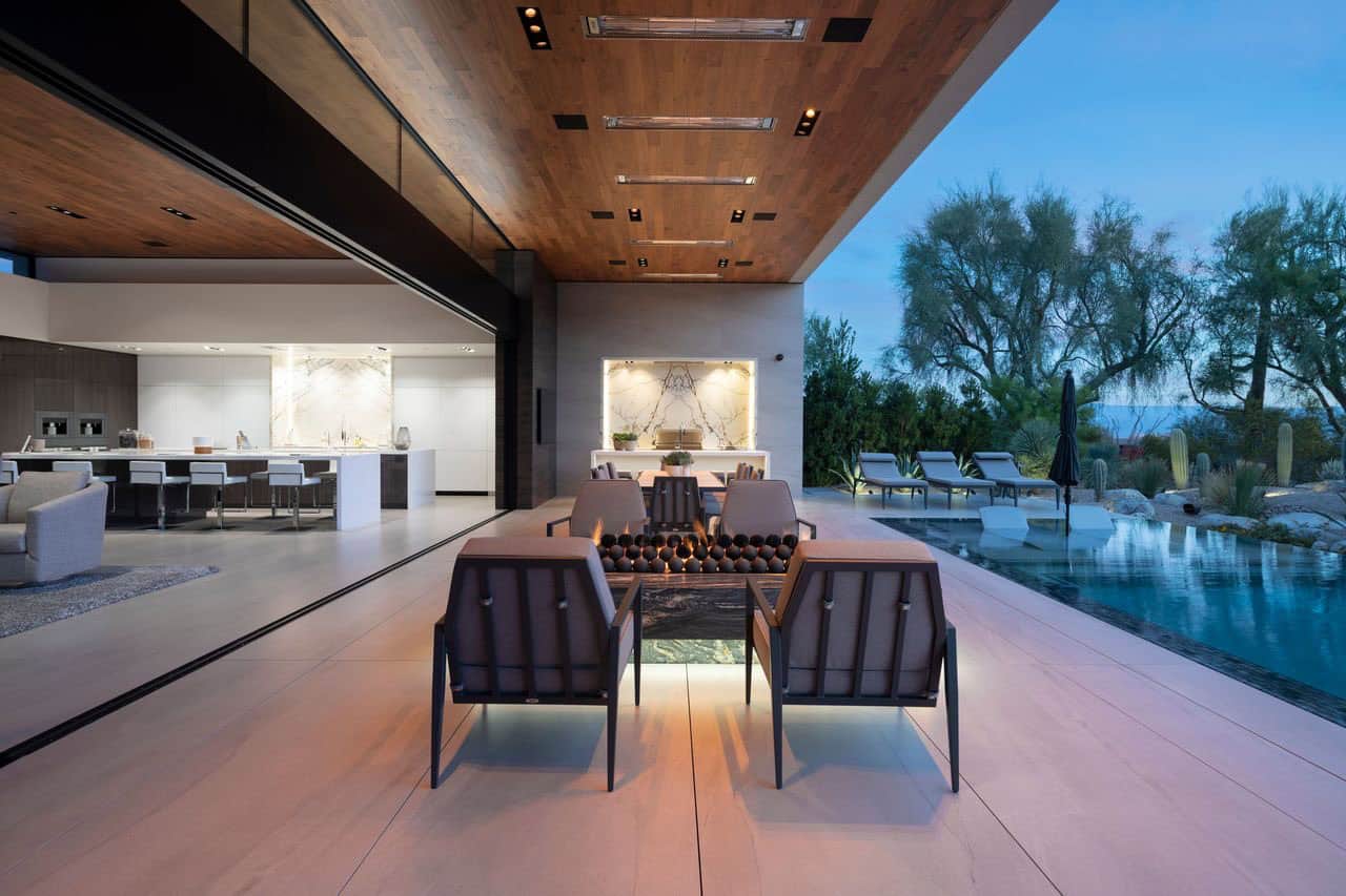 modern covered patio with outdoor furniture
