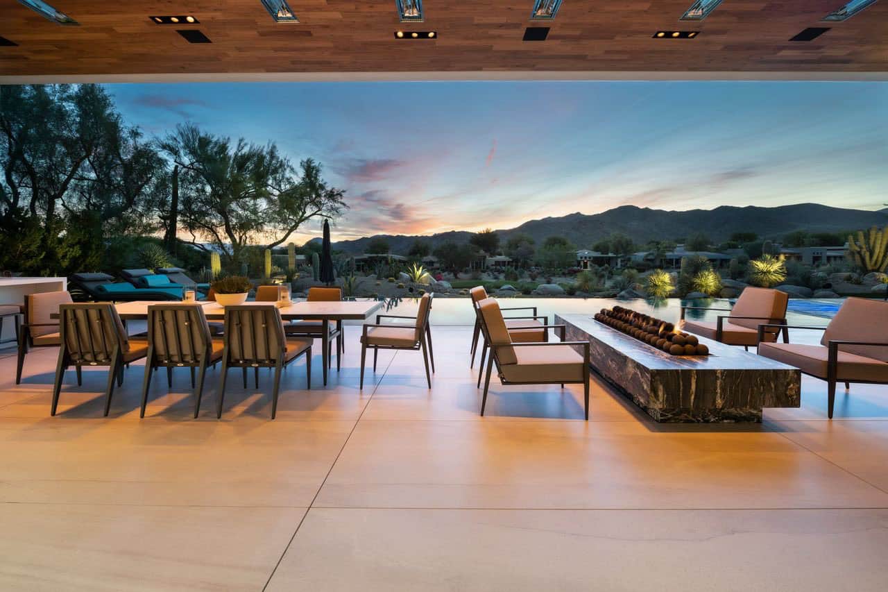 modern covered patio with outdoor furniture