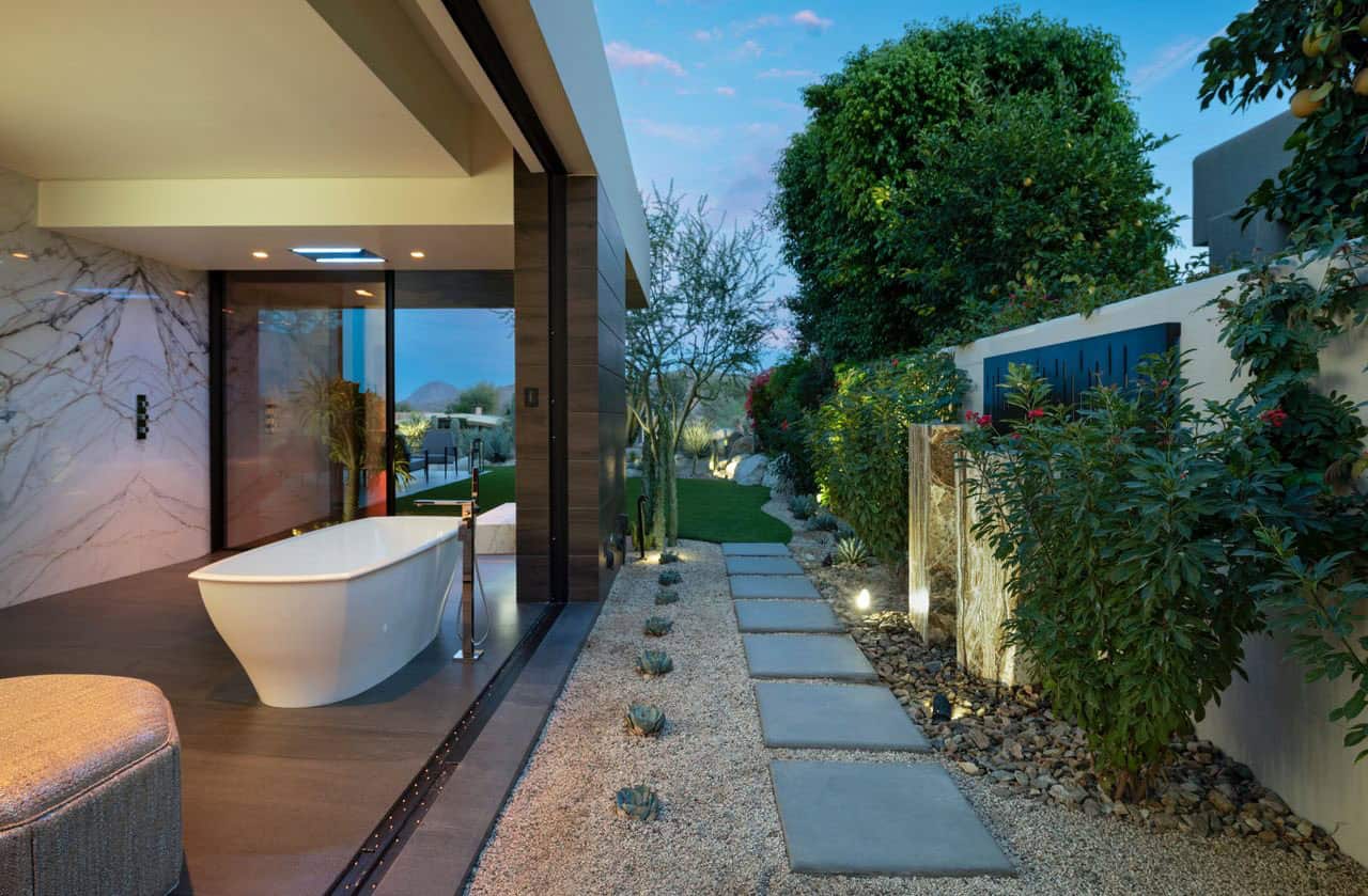 modern bathroom with sliding glass doors