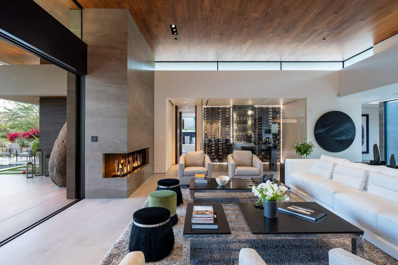 modern living room with a fireplace