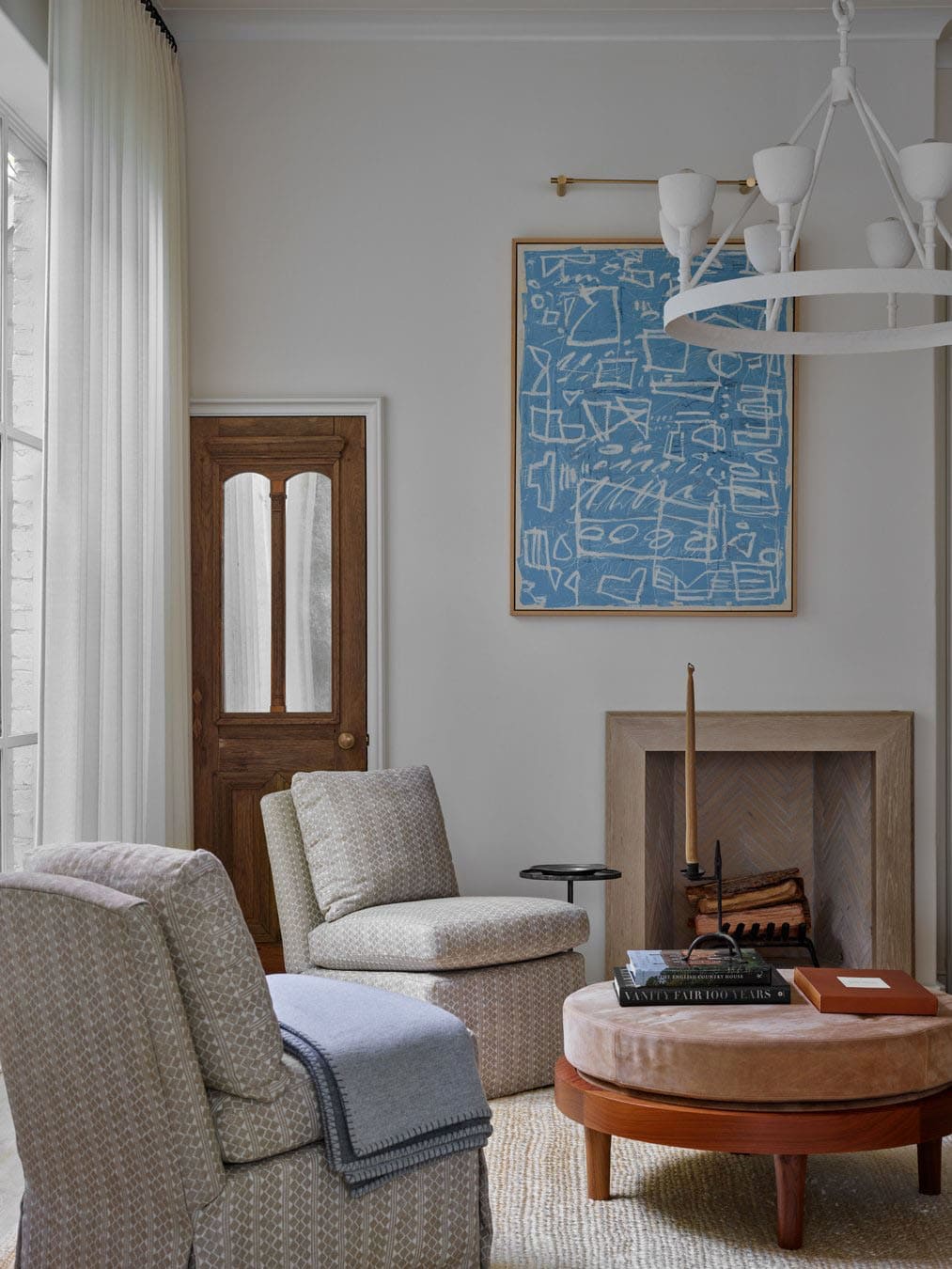 modern family room with a fireplace