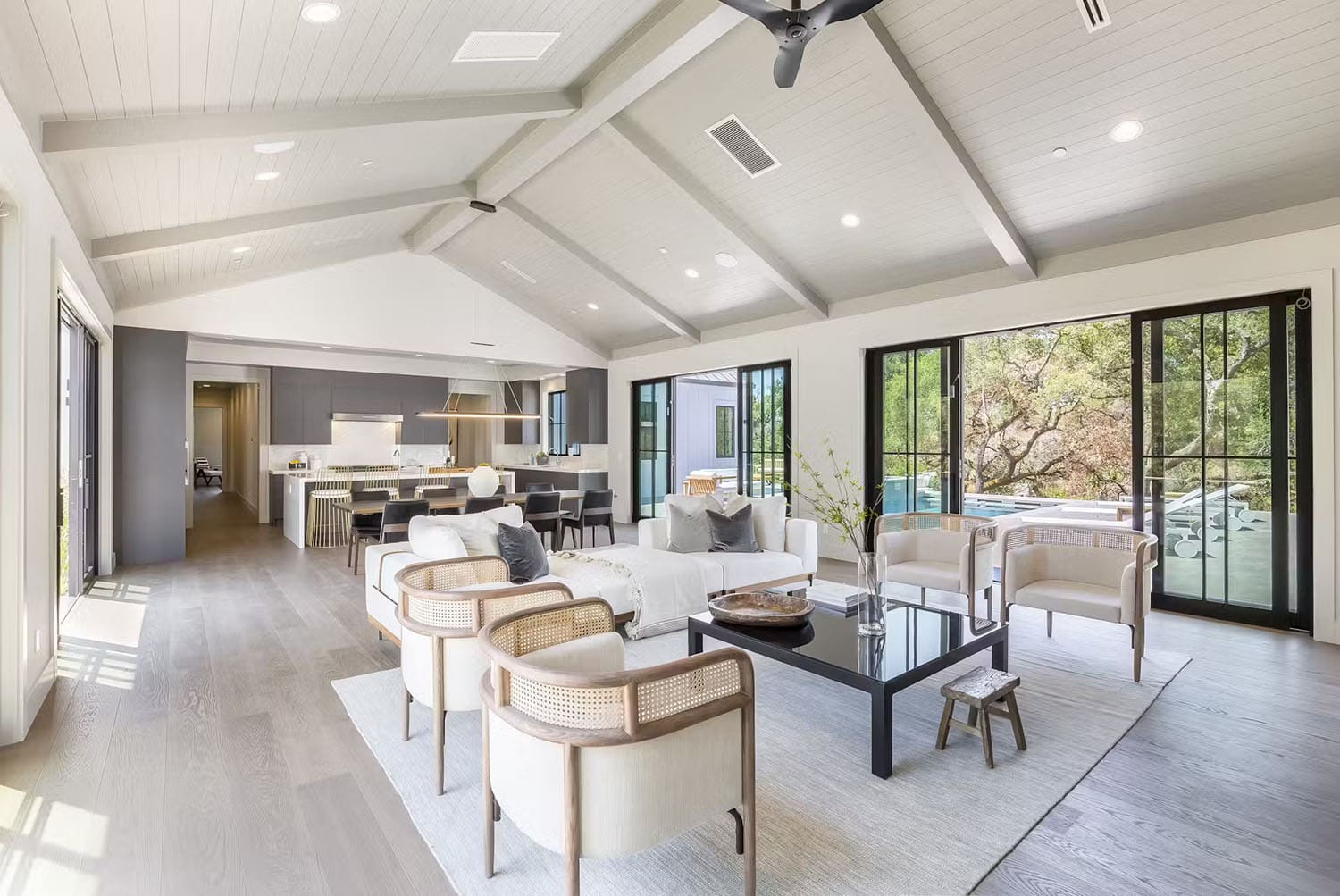 modern farmhouse style living room with sliding glass doors