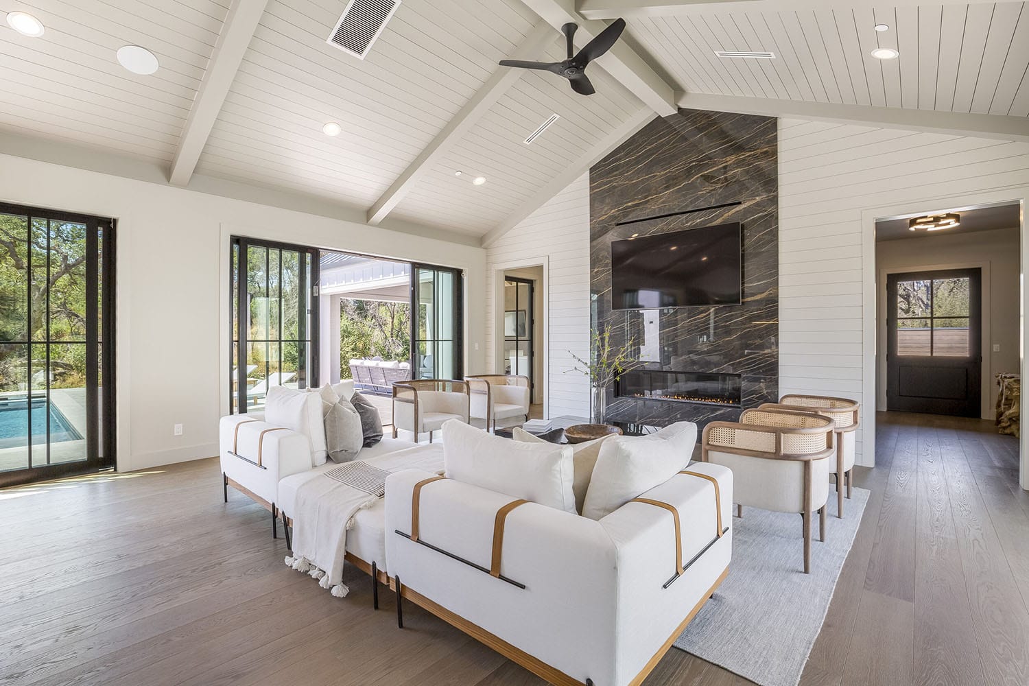 modern farmhouse style living room with a fireplace