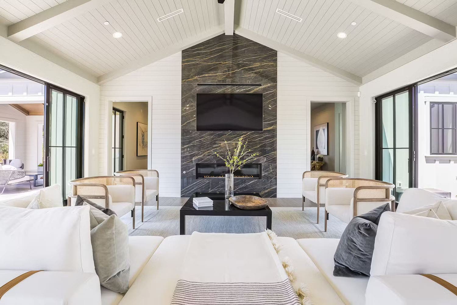 modern farmhouse style living room with a fireplace