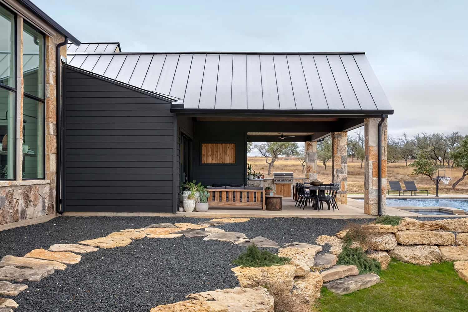 modern farmhouse exterior covered backyard patio