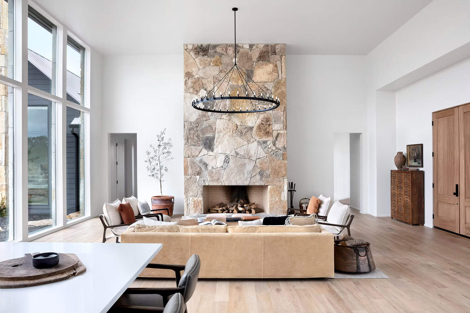 modern farmhouse style living room with a fireplace