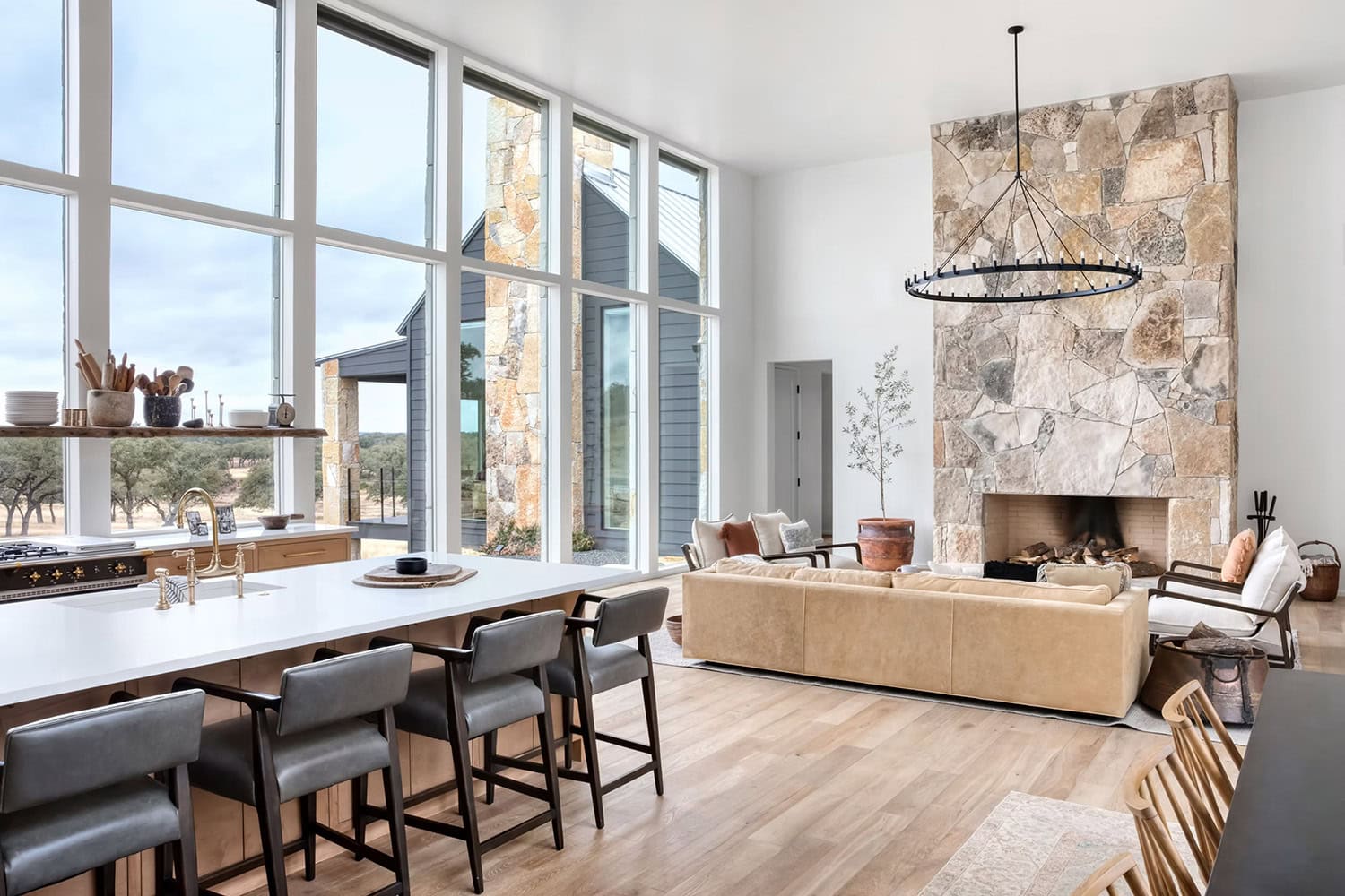 modern farmhouse style living room with a fireplace