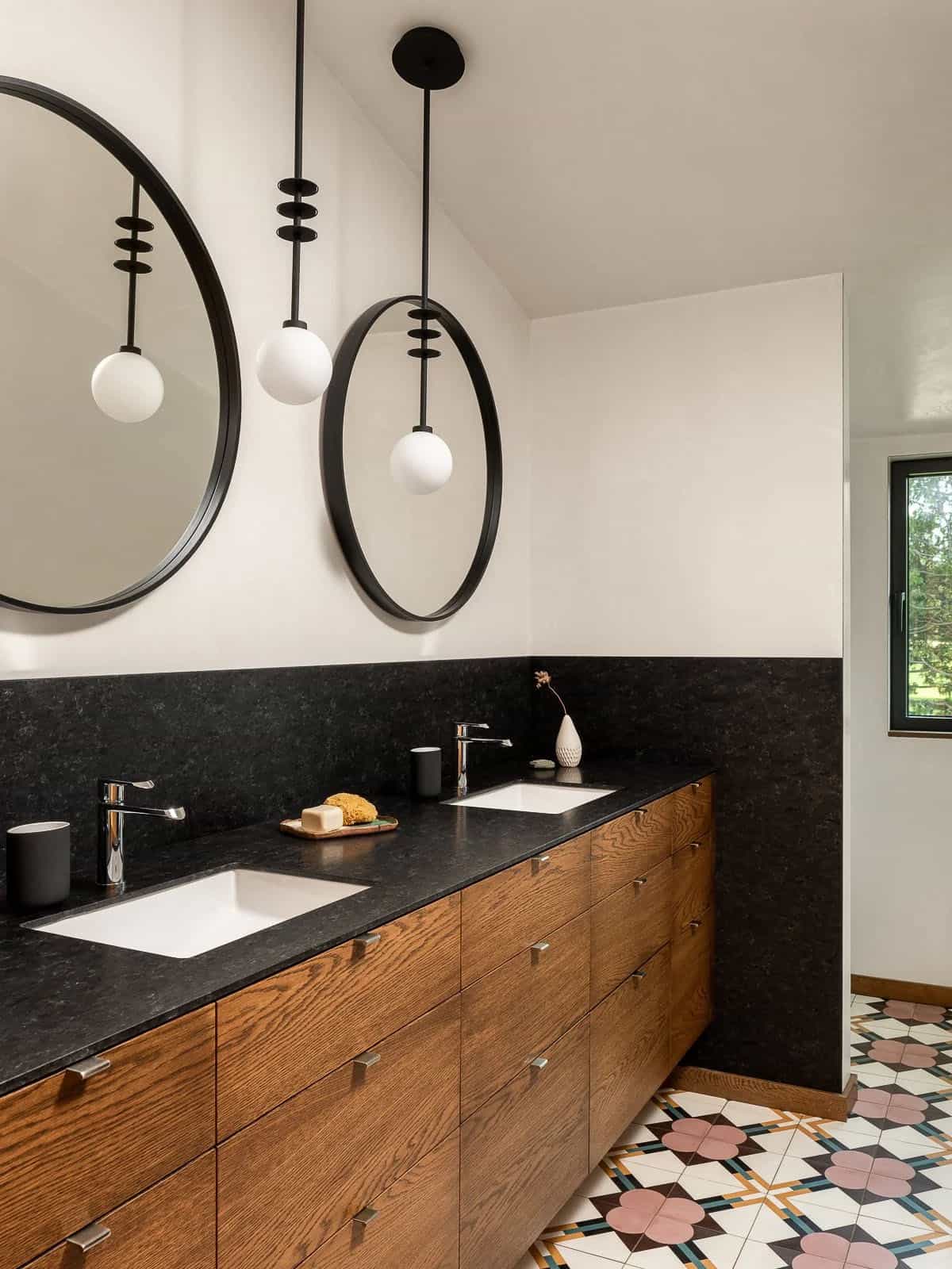 modern bathroom with a large vanity and dual sinks