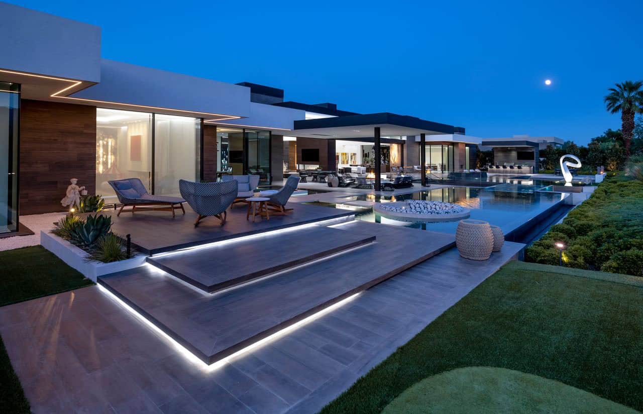 modern luxury house exterior at dusk