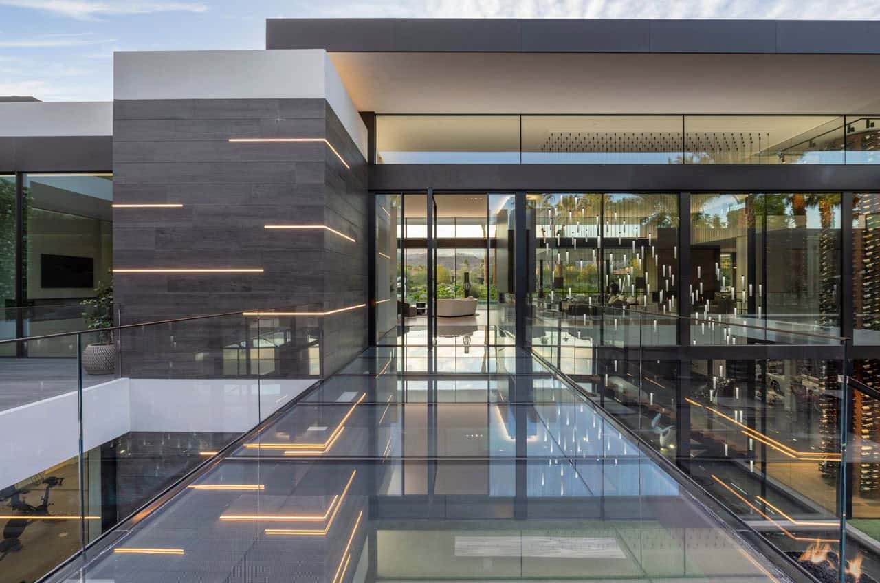 modern luxury house entry with a glass bridge