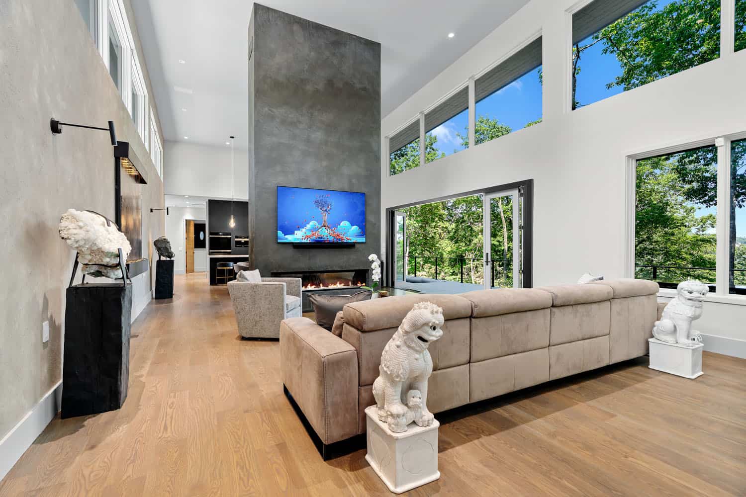 modern living room with a fireplace