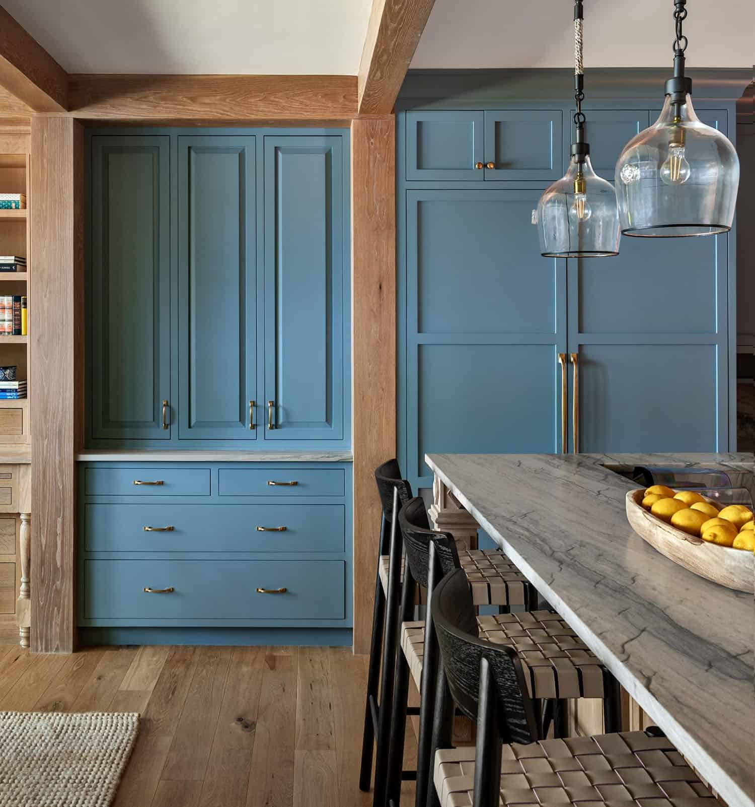 rustic kitchen with blue cabinets