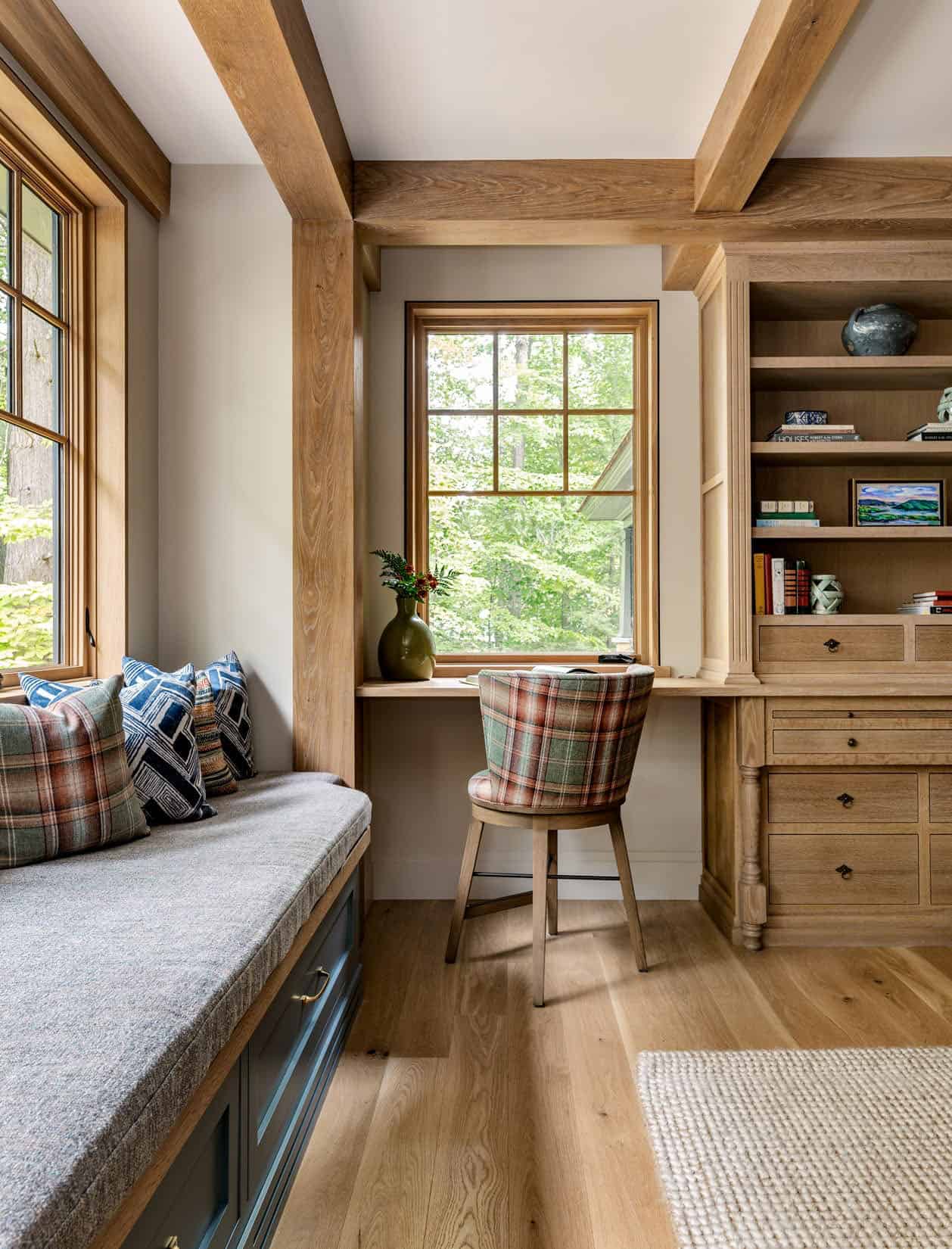 rustic home office with a built-in window seat