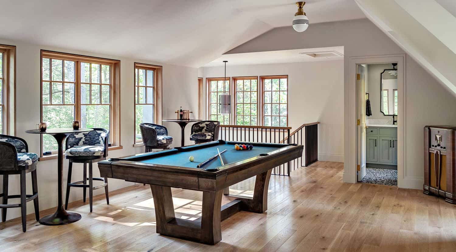 contemporary family room with a pool table