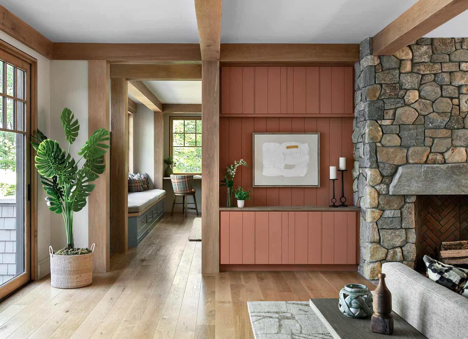 rustic living room with a fireplace