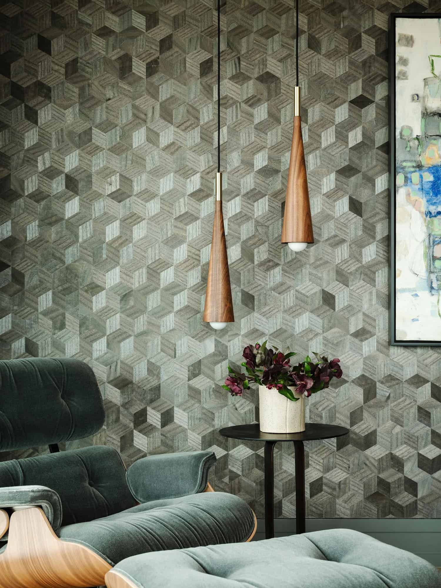 organic modern home office with wallpaper