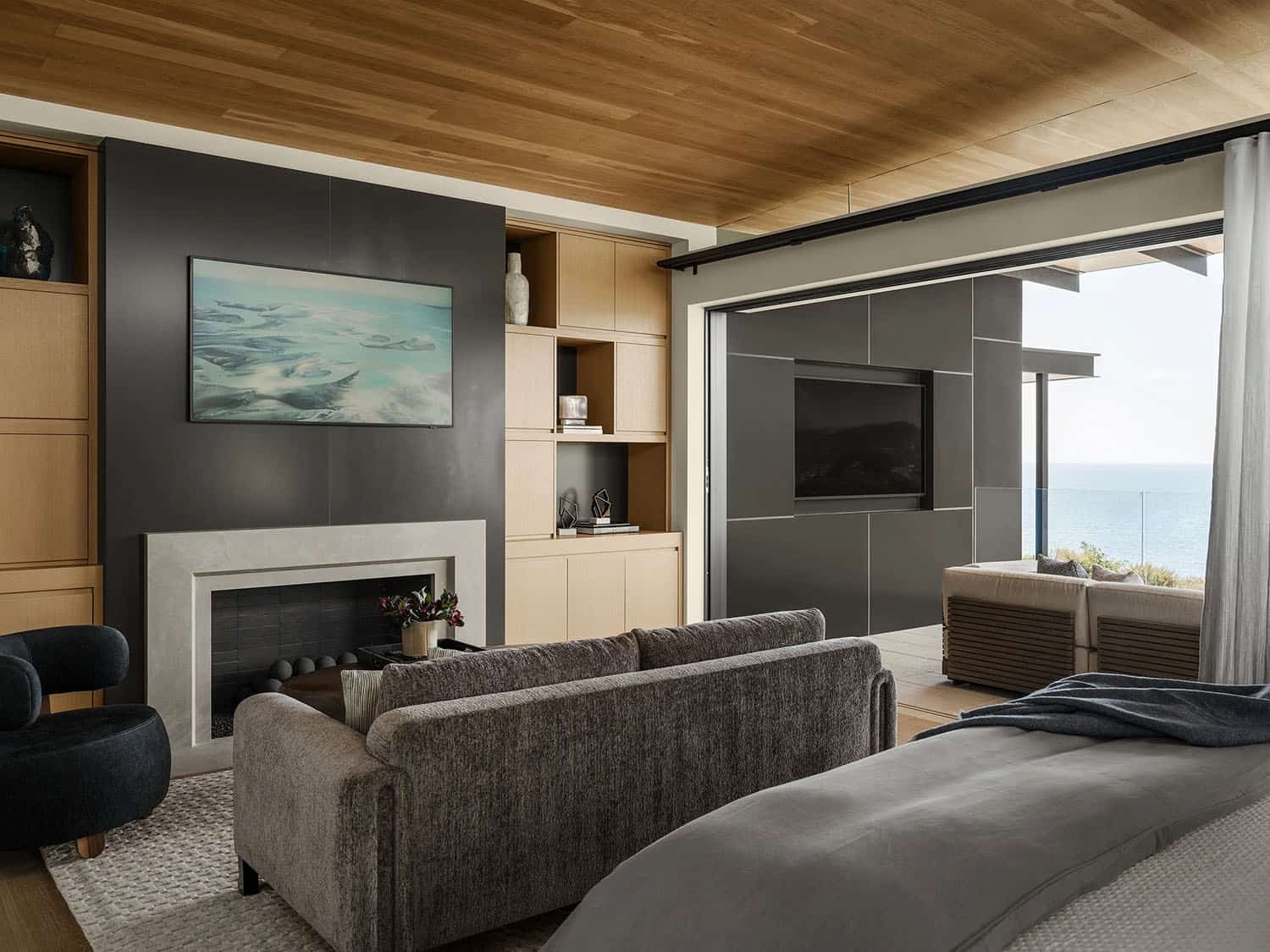 organic modern bedroom with a fireplace