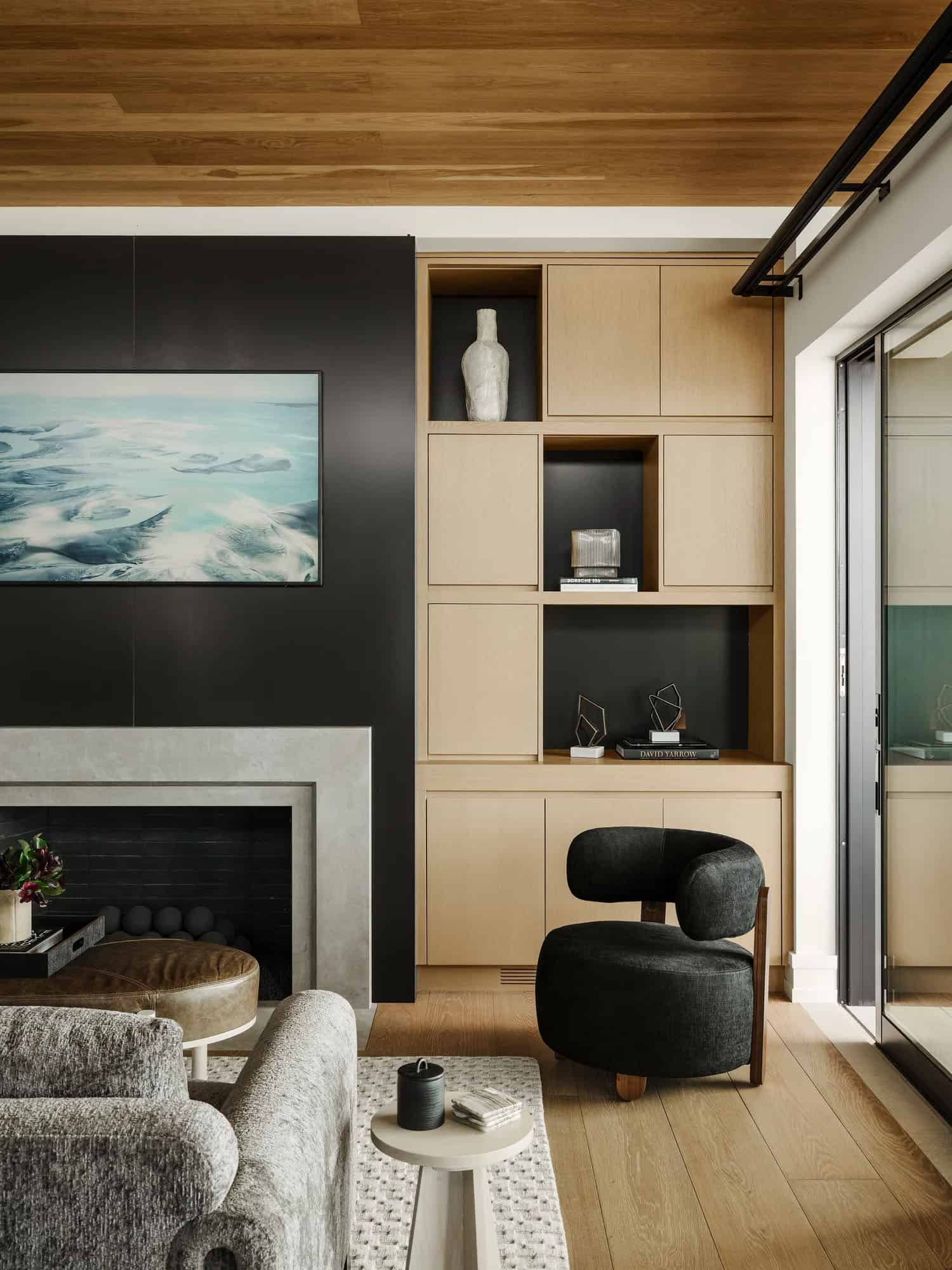 organic modern bedroom with a fireplace