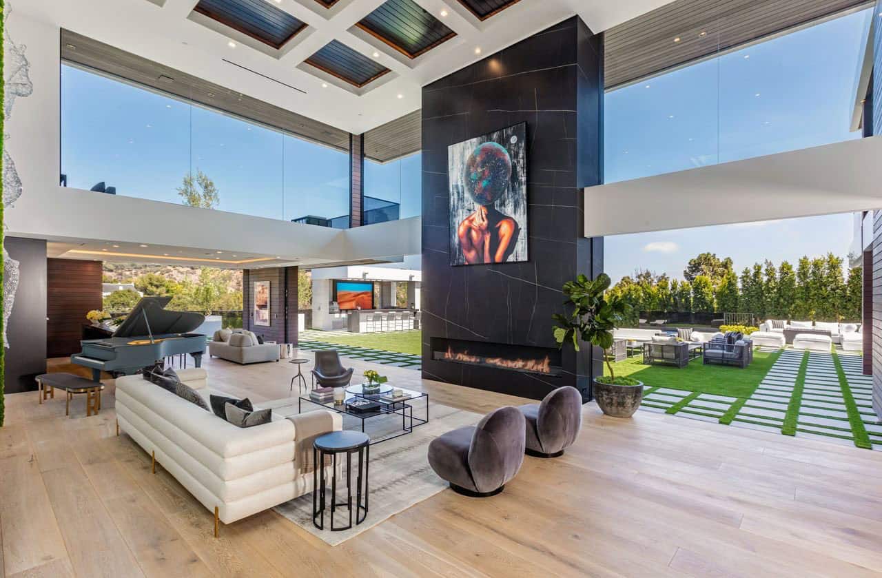 modern living room with a fireplace
