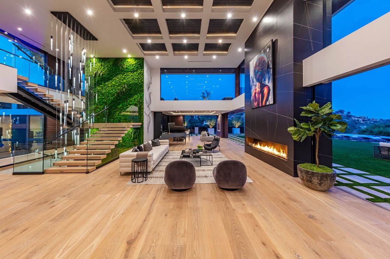 modern living room with a fireplace