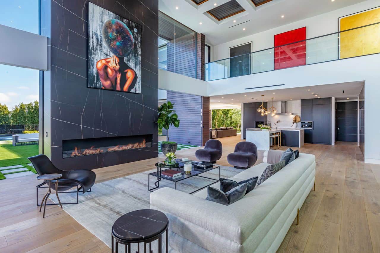modern living room with a fireplace