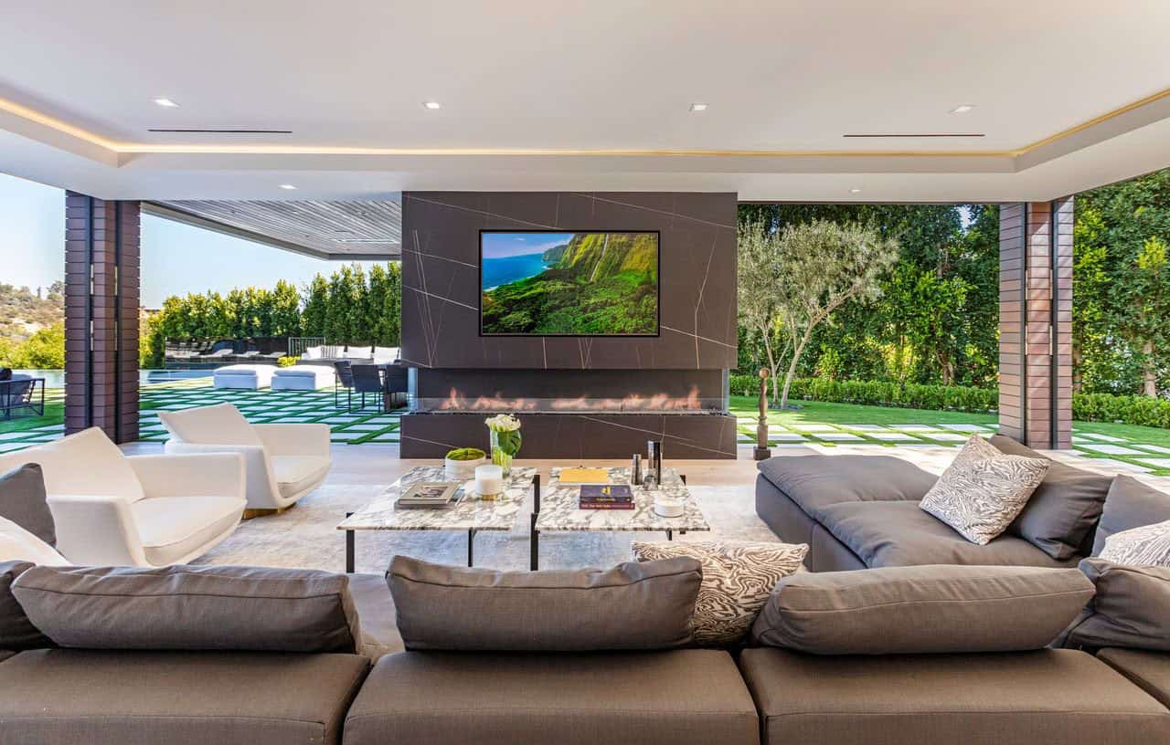 modern family room with a fireplace