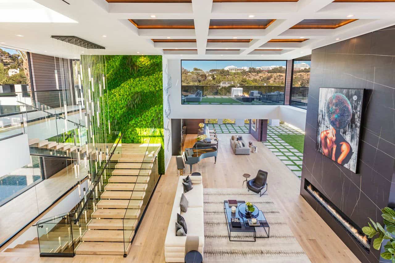 modern staircase with a green wall