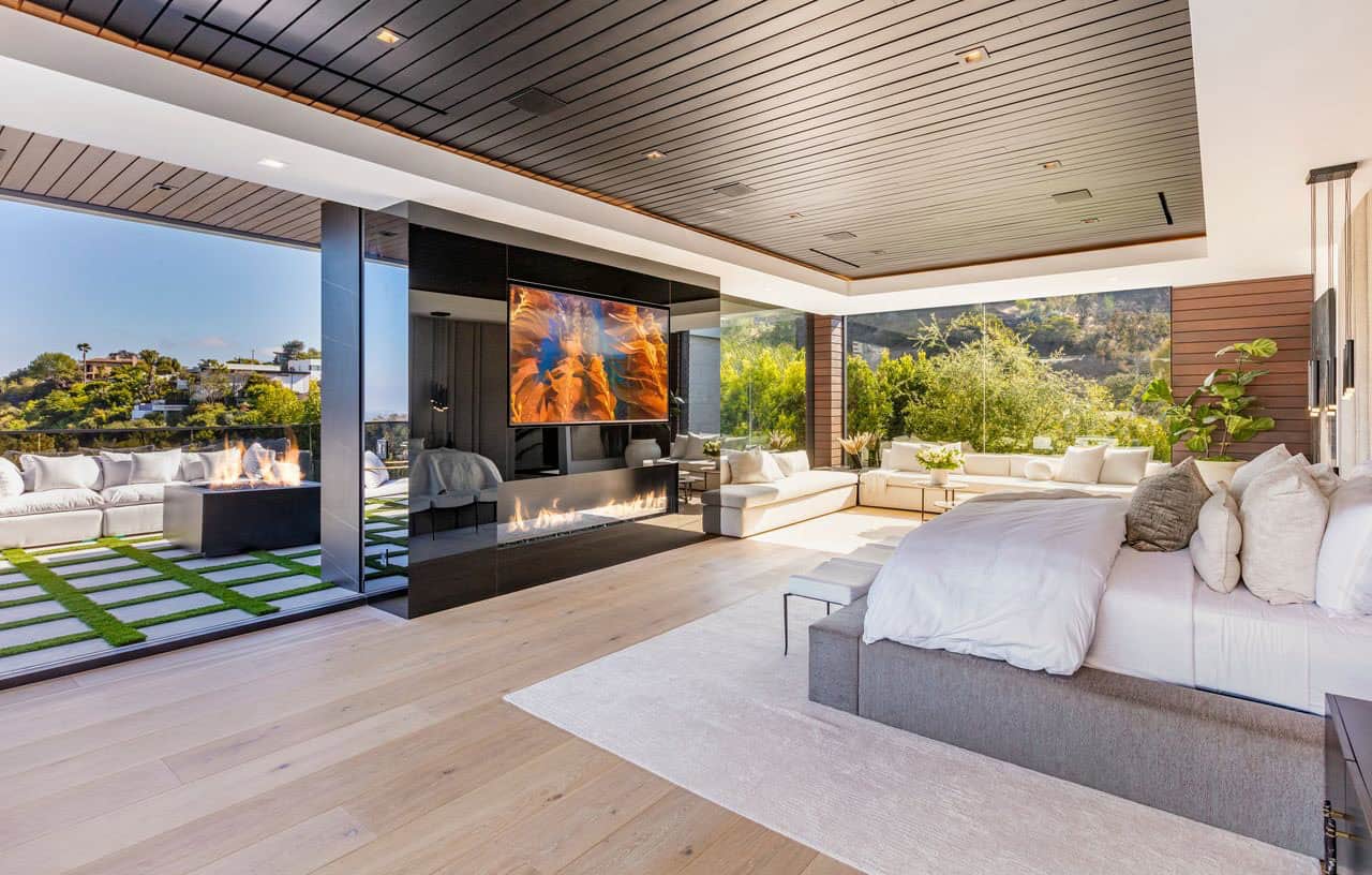 modern bedroom with a fireplace