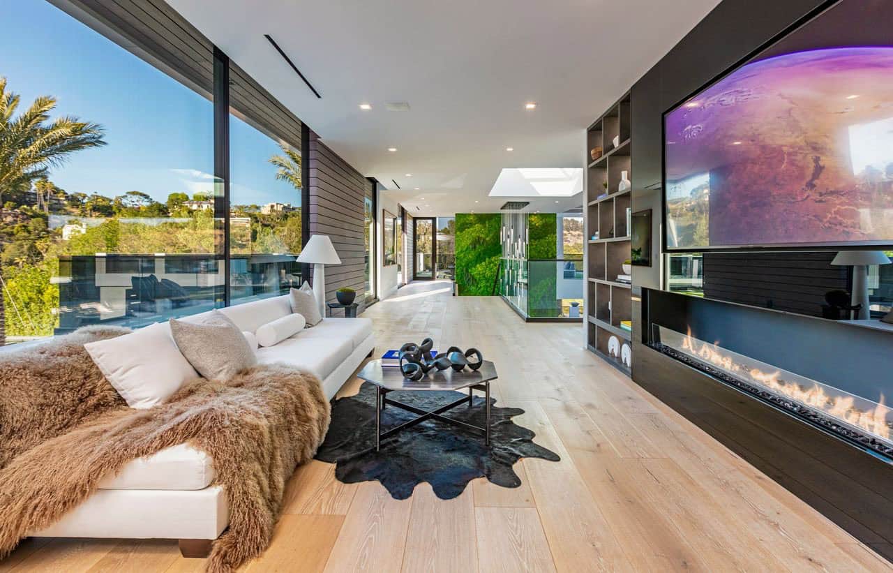 modern family room with a fireplace