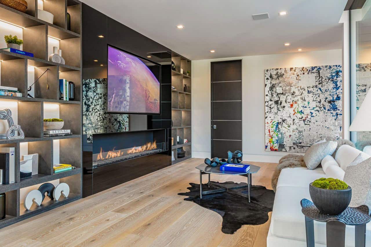 modern family room with a fireplace