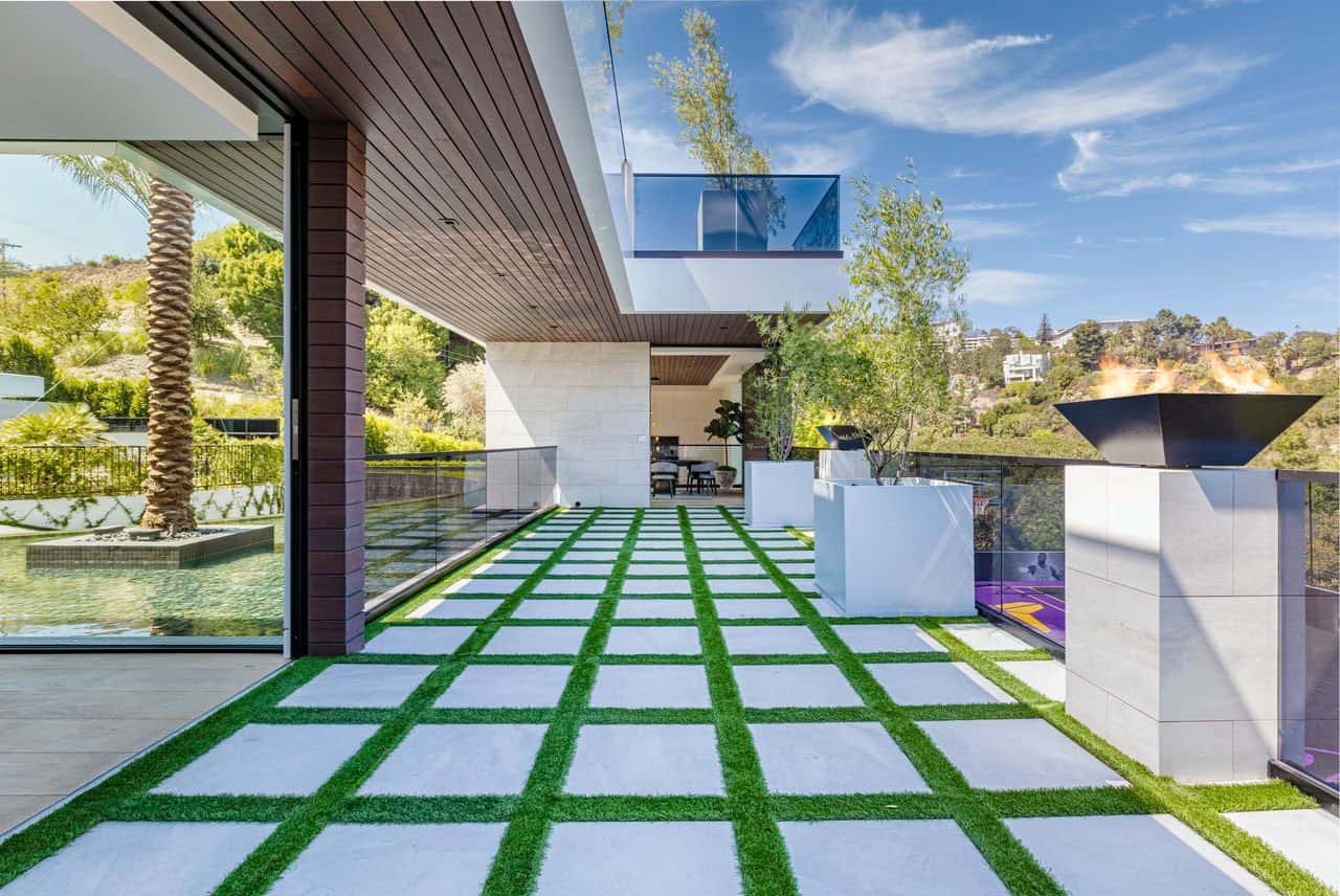 modern house exterior with a patio 