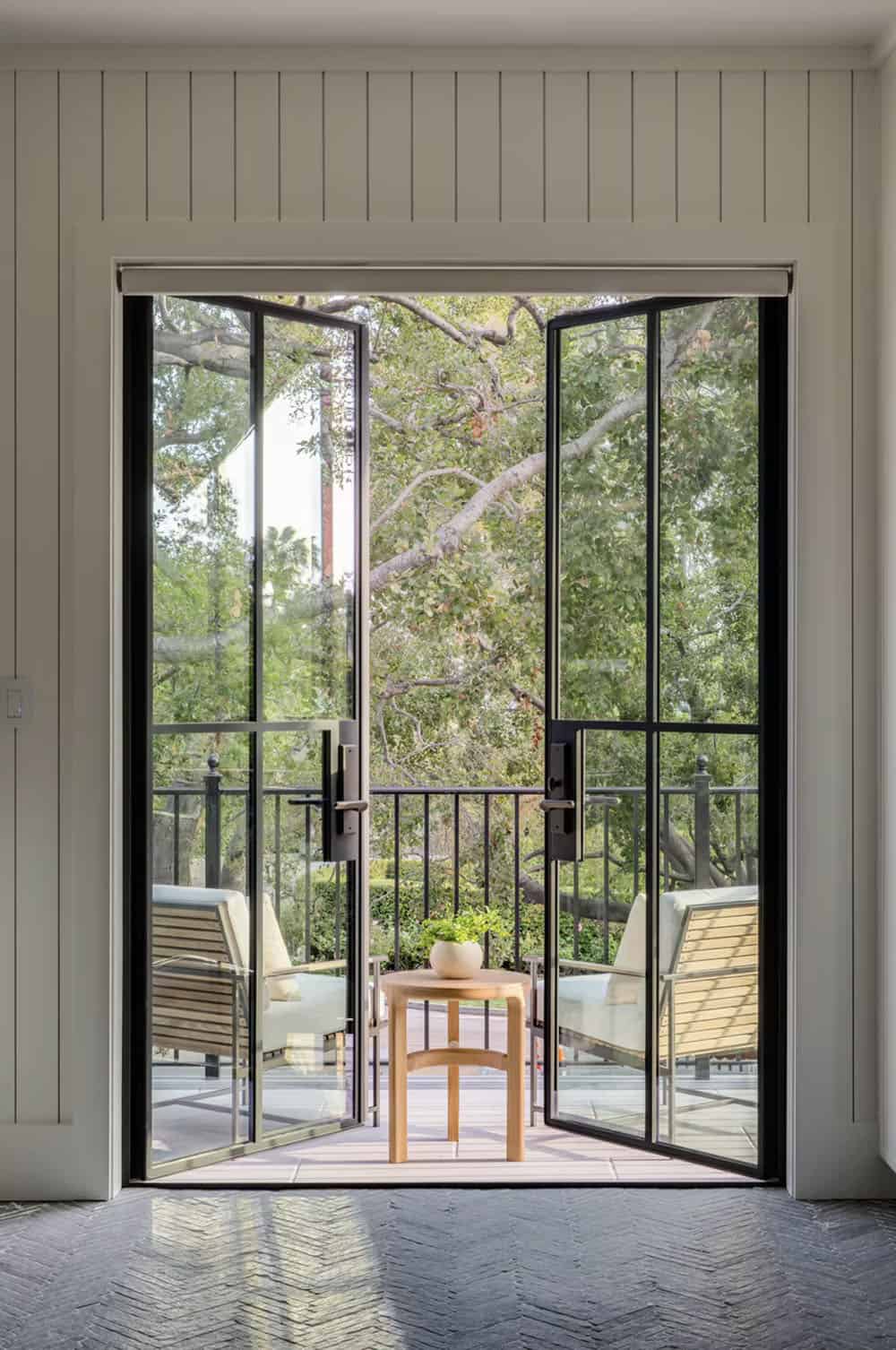 transitional style bedroom with French doors leading out to a patio