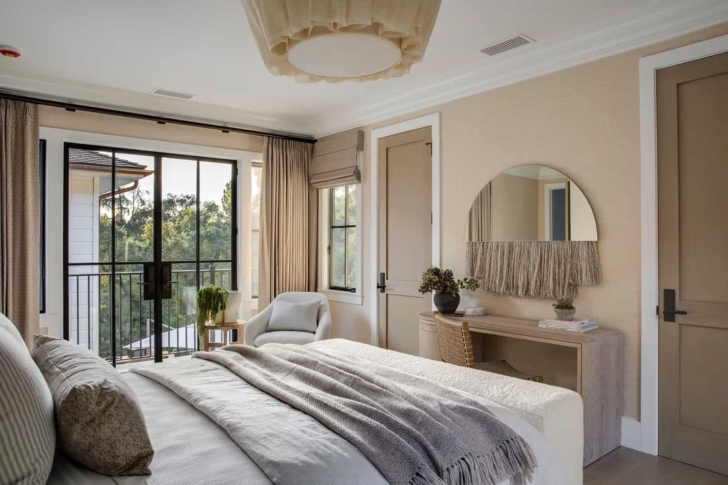 transitional style bedroom with a fireplace