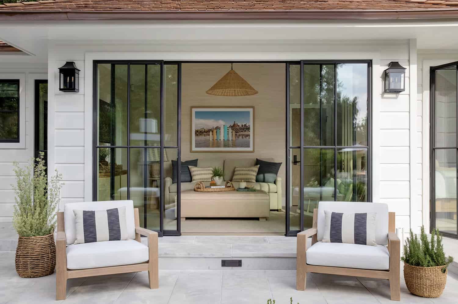 transitional style bedroom with French doors leading out to a patio