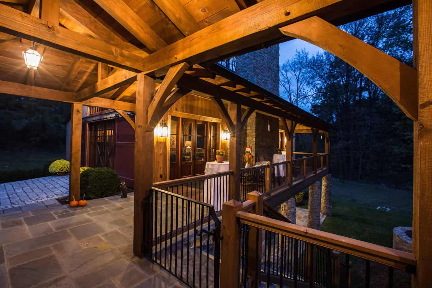 rustic entertainment barn exterior at dusk