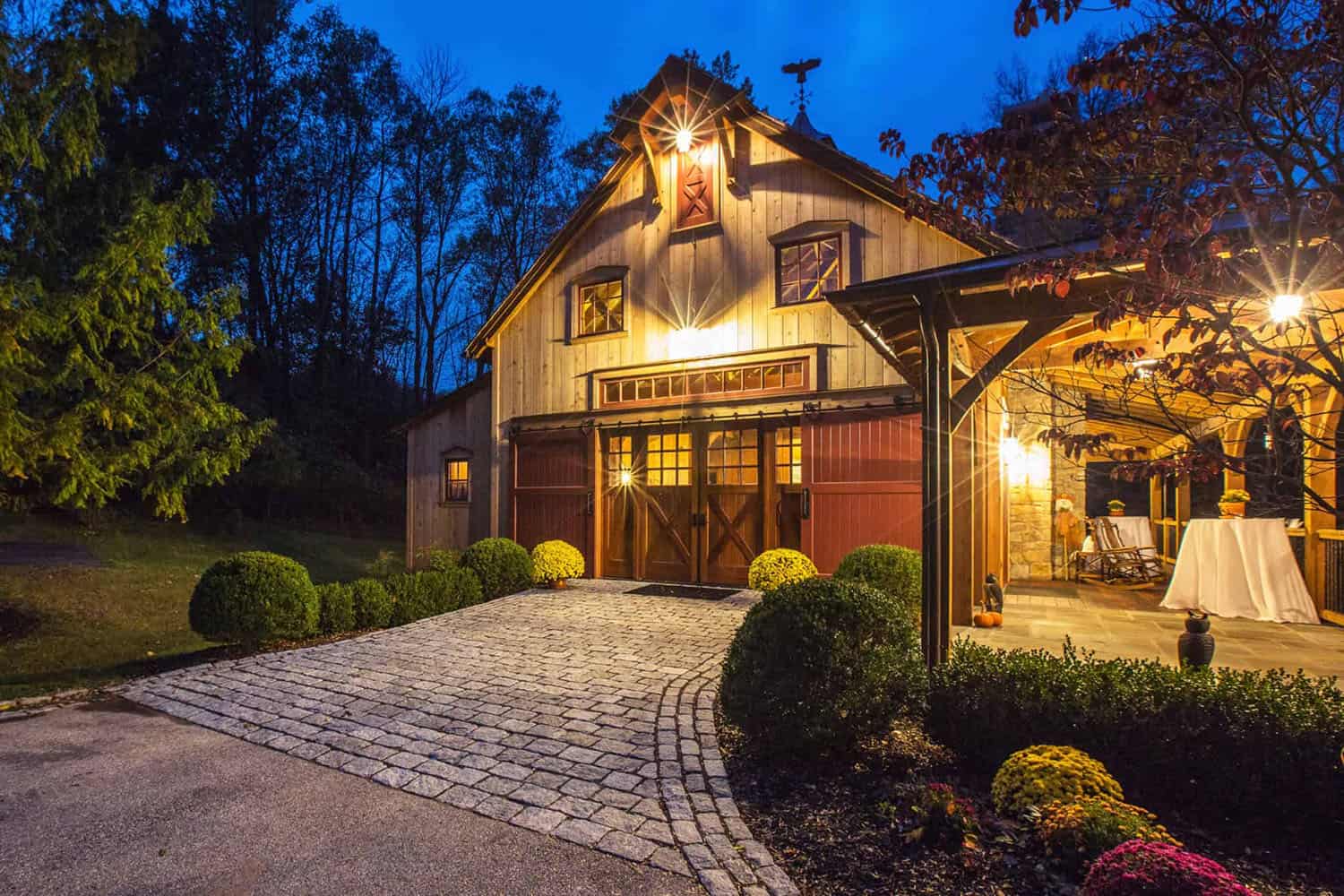 rustic entertainment barn exterior at dusk