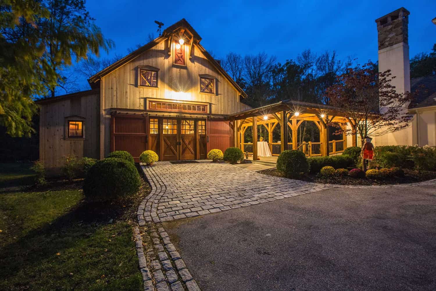 rustic entertainment barn exterior at dusk
