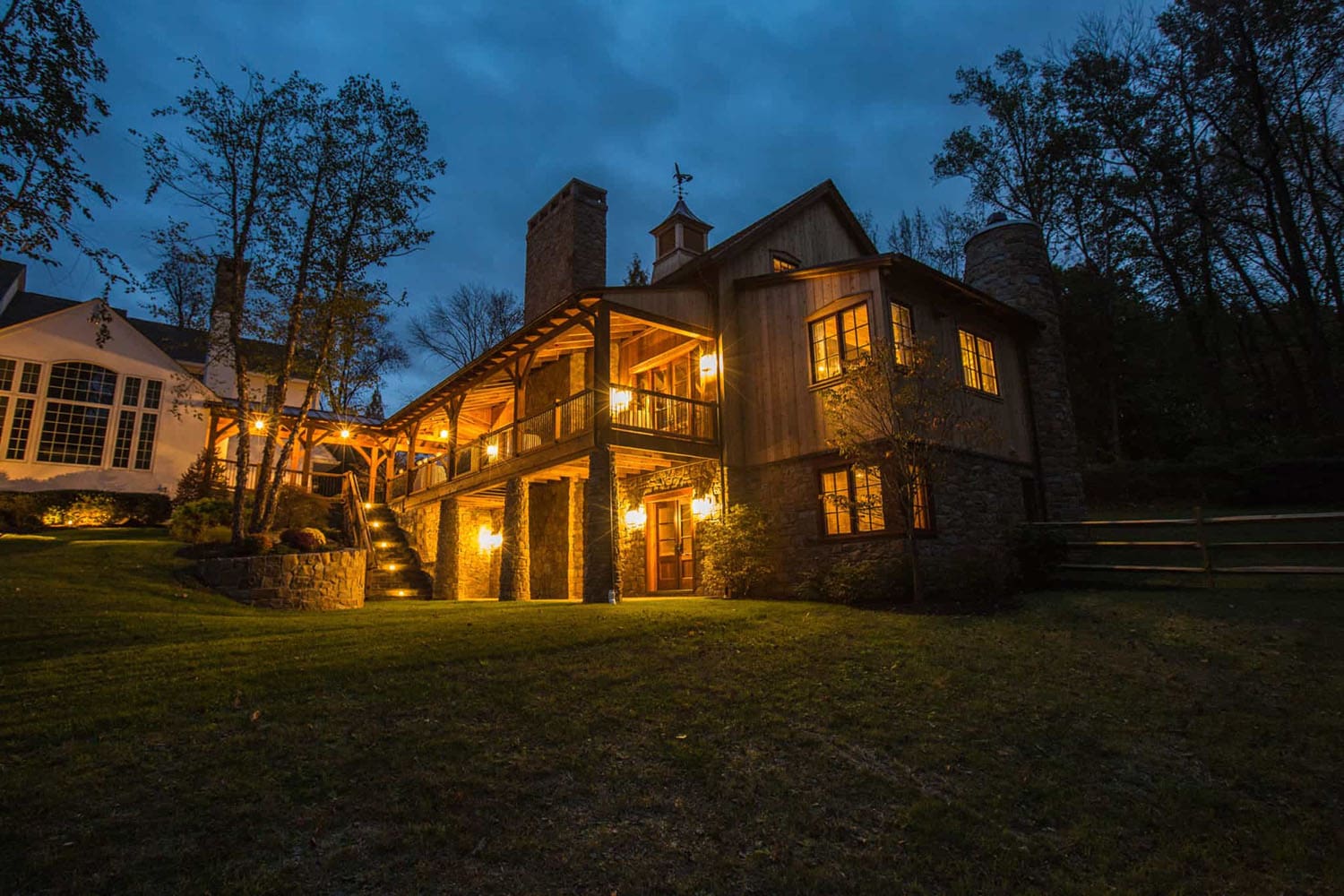 rustic entertainment barn exterior at dusk