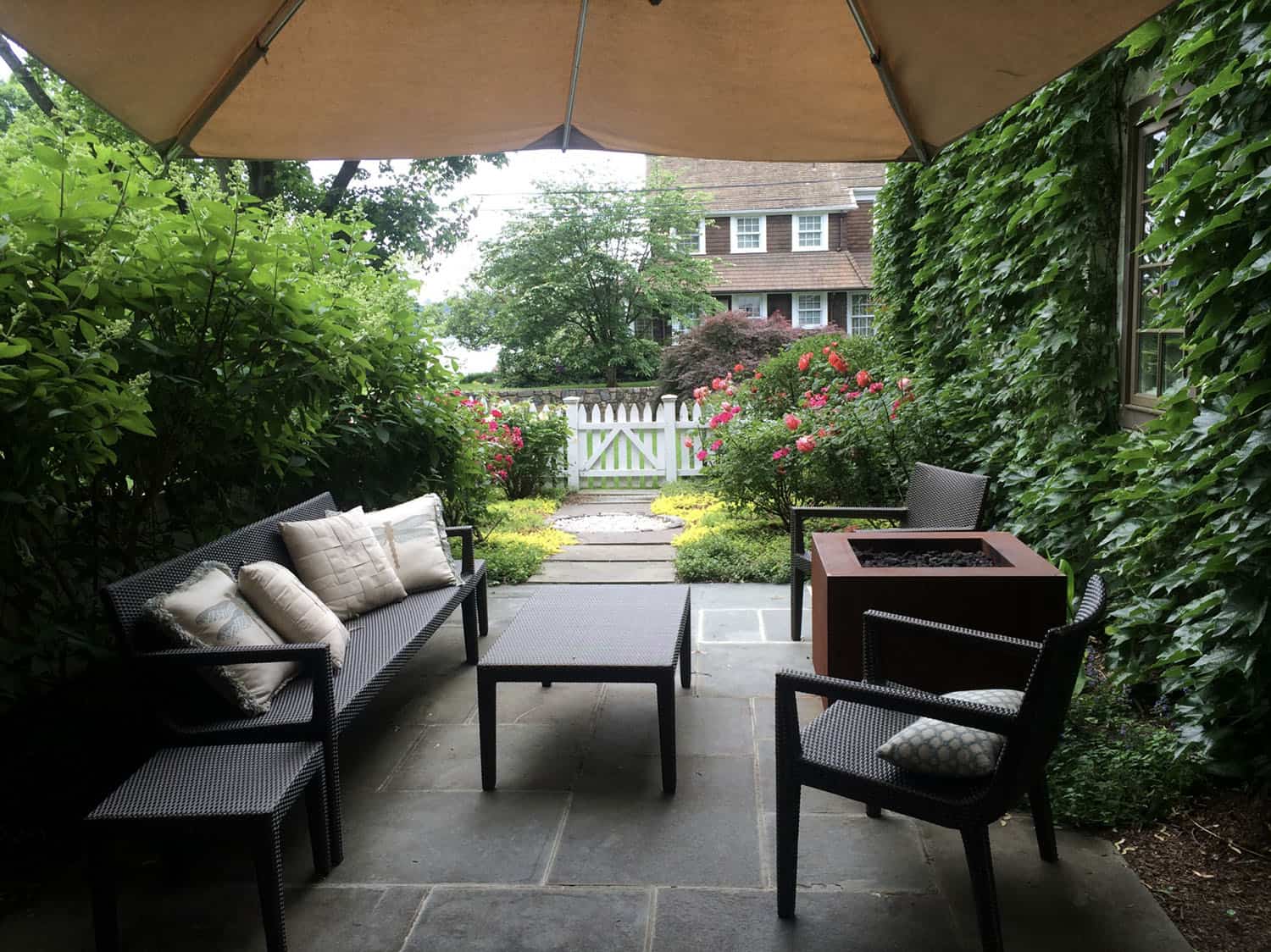 backyard patio with a shade garden