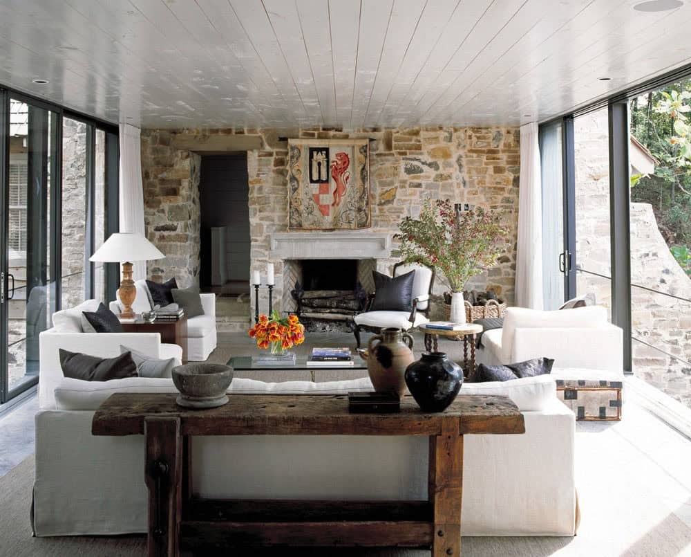 contemportary living room with a fireplace