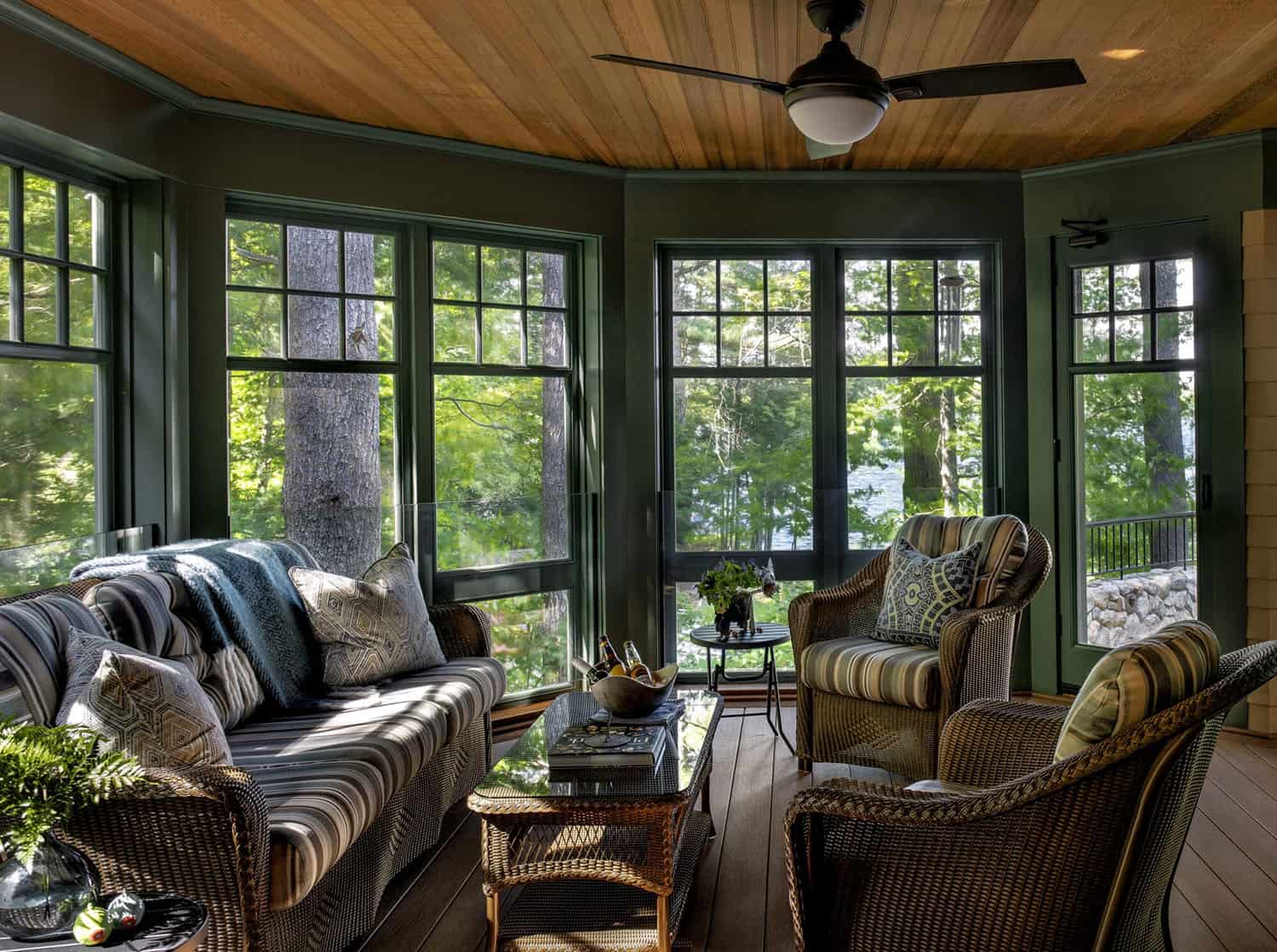 traditional style sunroom with green paint and a wood ceiling
