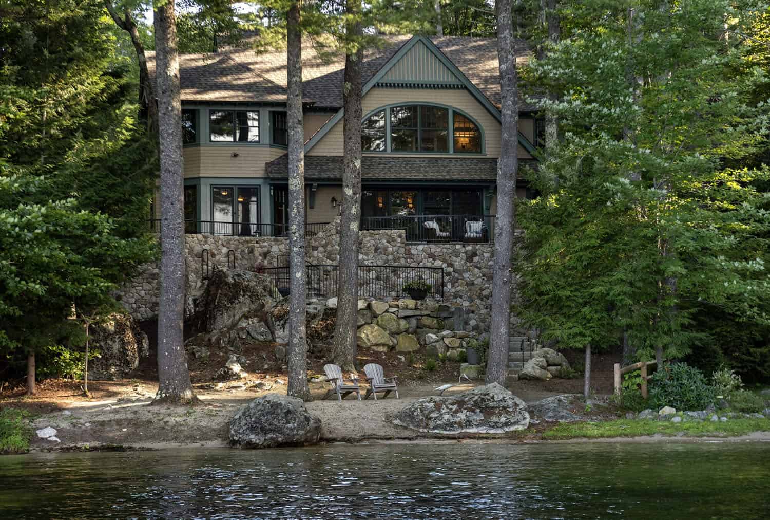 craftsman style lake house exterior view from the lake