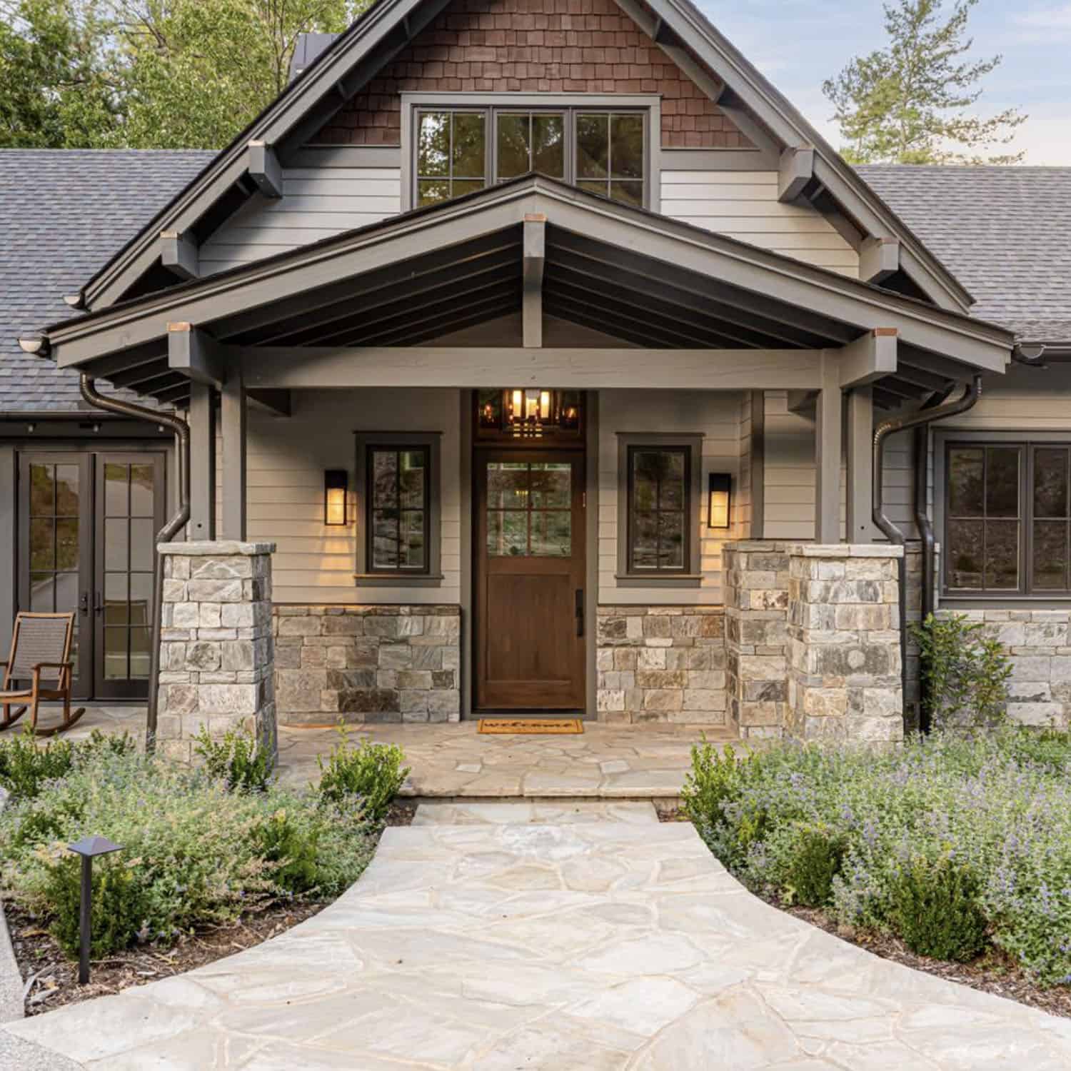 transitional style mountain home exterior entry
