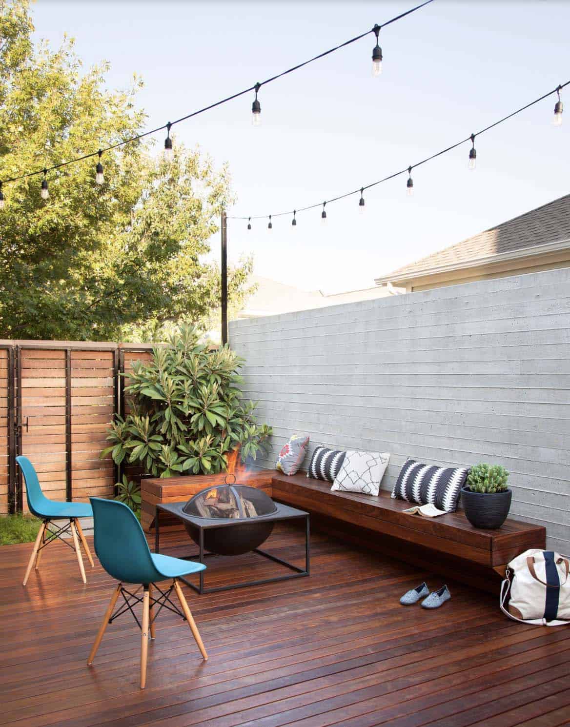 Fire Pit Area and Bench with string lights
