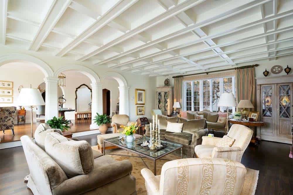 traditional style living room with a coffered ceiling