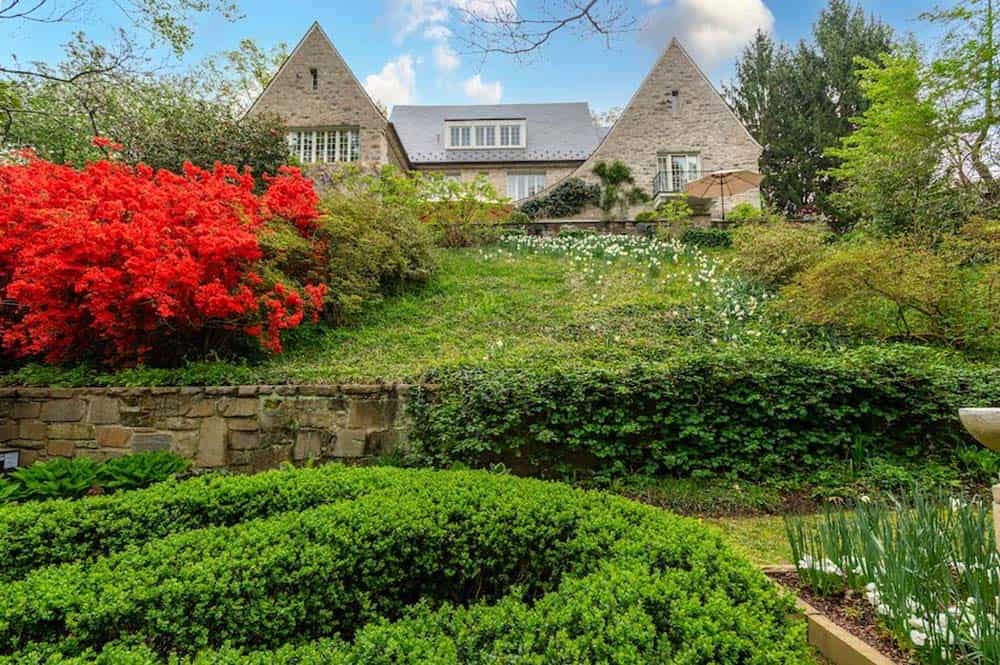 stone house exterior backyard landscape view