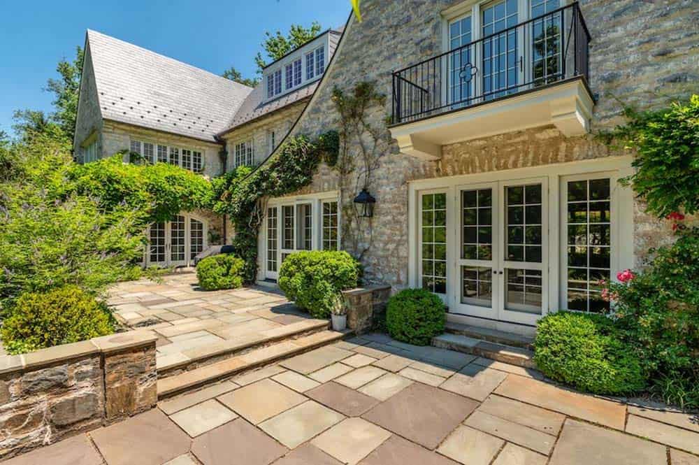 stone house exterior backyard landscape view